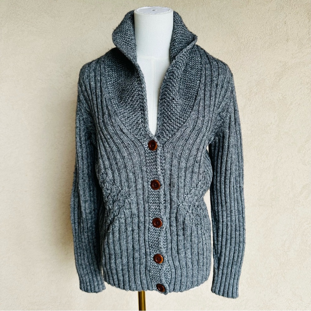 Lands End Charcoal Cable Knit Button-Up Sweater Cowl Neck